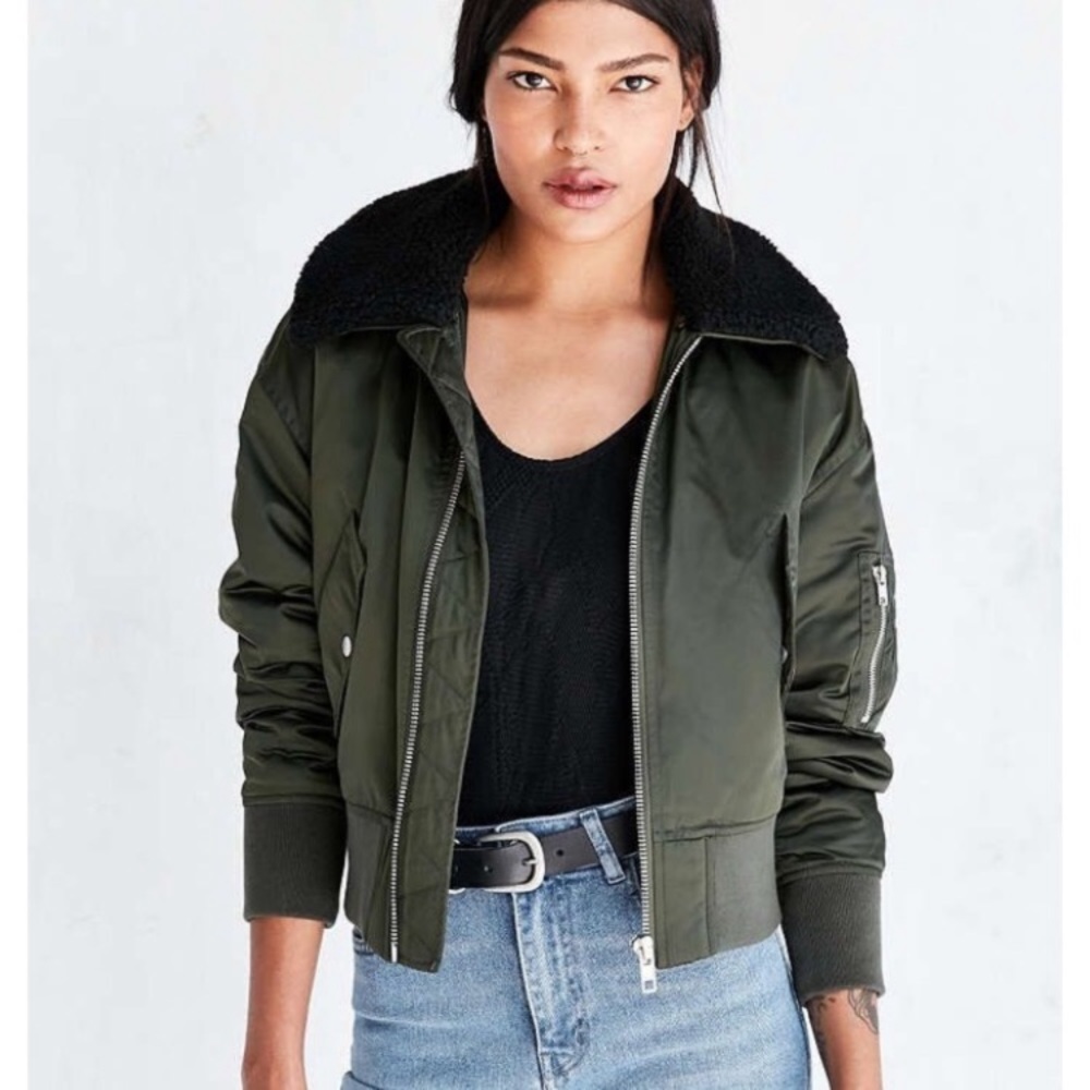 Urban Outfitters Olive Green Bomber Jacket with Black Shearling Collar